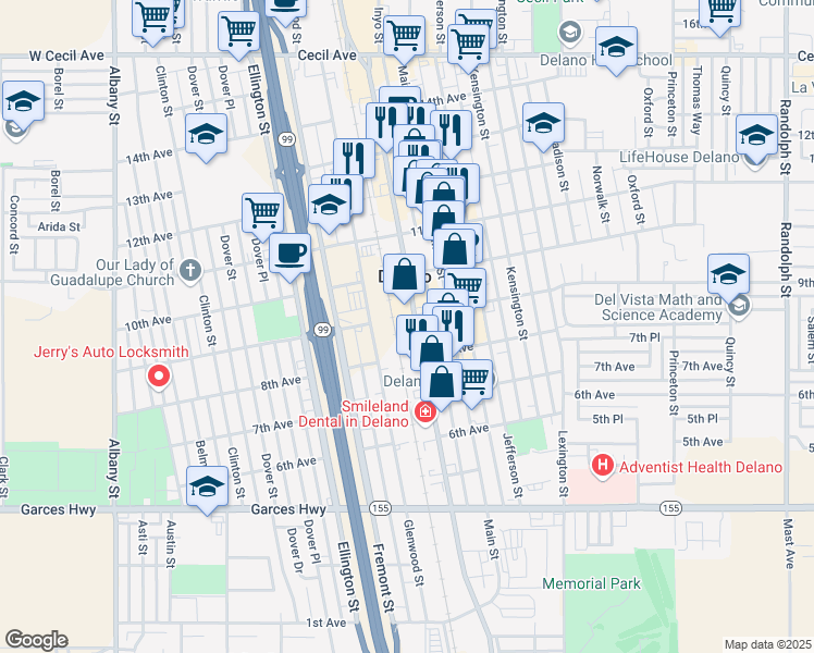 map of restaurants, bars, coffee shops, grocery stores, and more near 889 High Street in Delano