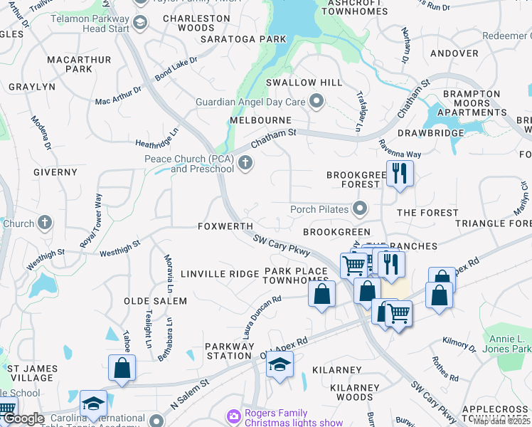 map of restaurants, bars, coffee shops, grocery stores, and more near 109 Shady Court in Cary