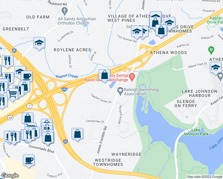 map of restaurants, bars, coffee shops, grocery stores, and more near 5571 Capital Center Drive in Raleigh