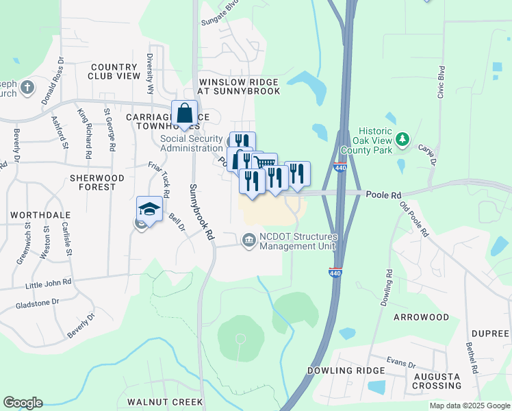 map of restaurants, bars, coffee shops, grocery stores, and more near 3416 Poole Road in Raleigh