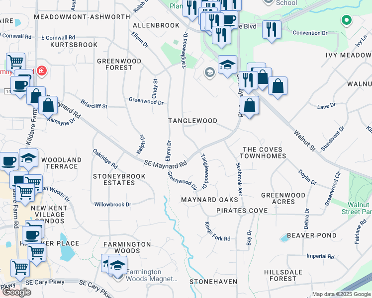 map of restaurants, bars, coffee shops, grocery stores, and more near 102 Fernwood Circle in Cary