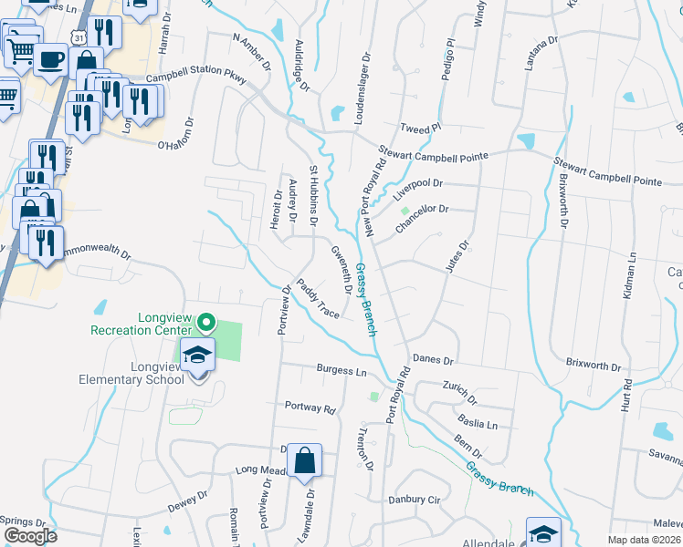 map of restaurants, bars, coffee shops, grocery stores, and more near 2015 Gweneth Drive in Spring Hill