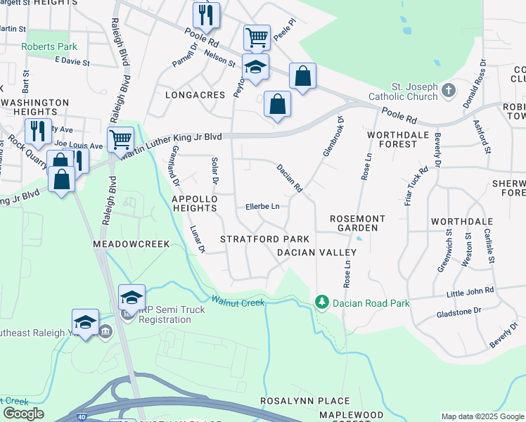map of restaurants, bars, coffee shops, grocery stores, and more near 2417 Ellerbe Lane in Raleigh