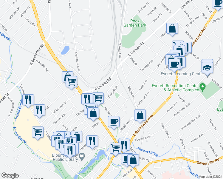 map of restaurants, bars, coffee shops, grocery stores, and more near 241 Badgett Street in Alcoa