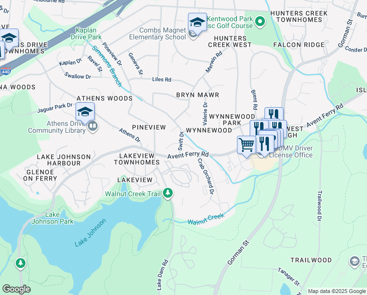 map of restaurants, bars, coffee shops, grocery stores, and more near 3404 Swift Drive in Raleigh