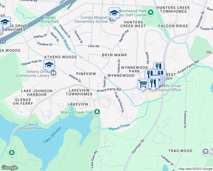 map of restaurants, bars, coffee shops, grocery stores, and more near 3404 Swift Drive in Raleigh