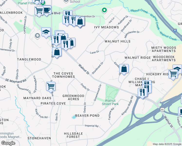 map of restaurants, bars, coffee shops, grocery stores, and more near 1248 Sturdivant Drive in Cary
