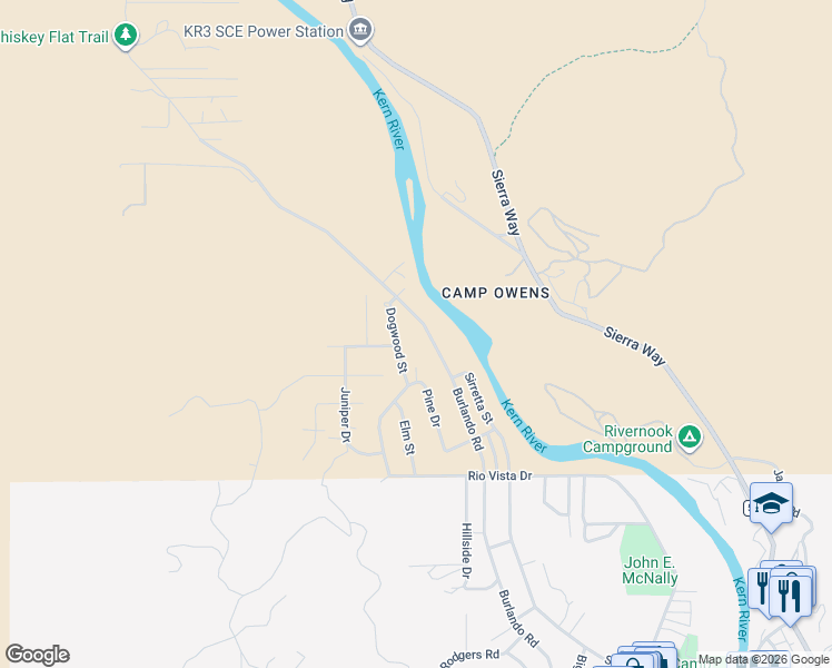 map of restaurants, bars, coffee shops, grocery stores, and more near 825 Burlando Road in Kernville