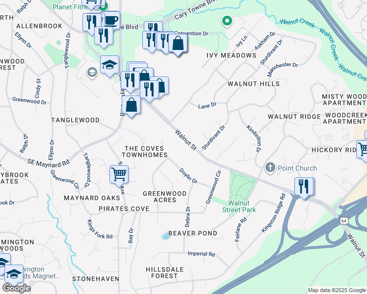 map of restaurants, bars, coffee shops, grocery stores, and more near 1220 Walnut Street in Cary