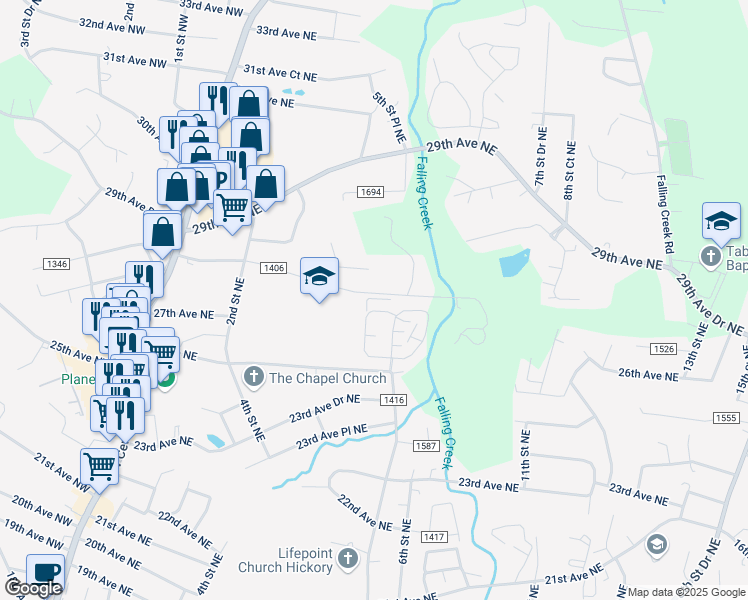 map of restaurants, bars, coffee shops, grocery stores, and more near 501 26th Avenue Northeast in Hickory