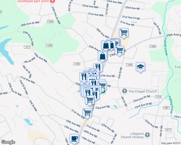 map of restaurants, bars, coffee shops, grocery stores, and more near 2705 North Center Street in Hickory