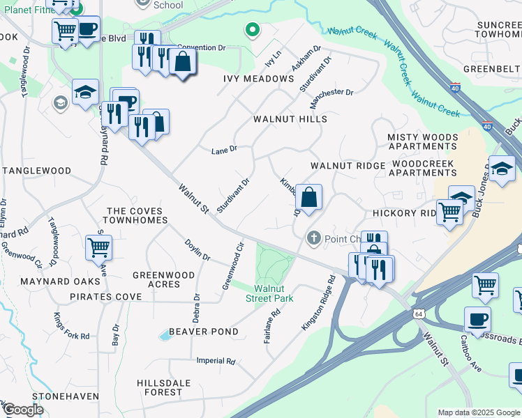 map of restaurants, bars, coffee shops, grocery stores, and more near 148 Glenpark Place in Cary