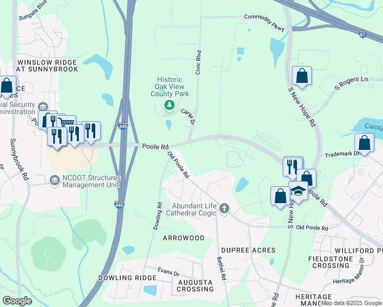 map of restaurants, bars, coffee shops, grocery stores, and more near 4050 Poole Road in Raleigh