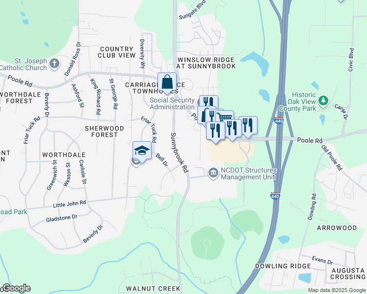 map of restaurants, bars, coffee shops, grocery stores, and more near 912 Williams Road in Raleigh