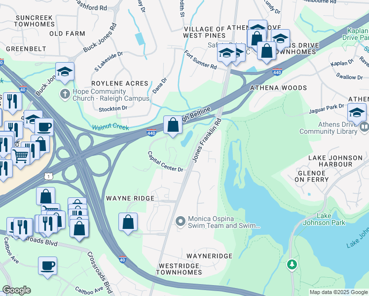map of restaurants, bars, coffee shops, grocery stores, and more near 5571 Capital Center Drive in Raleigh