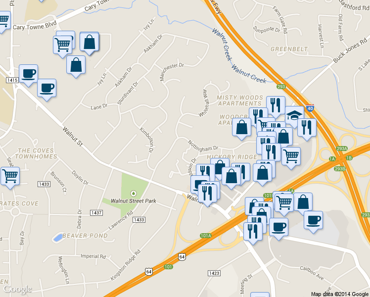 map of restaurants, bars, coffee shops, grocery stores, and more near 1111 Nottingham Circle in Cary