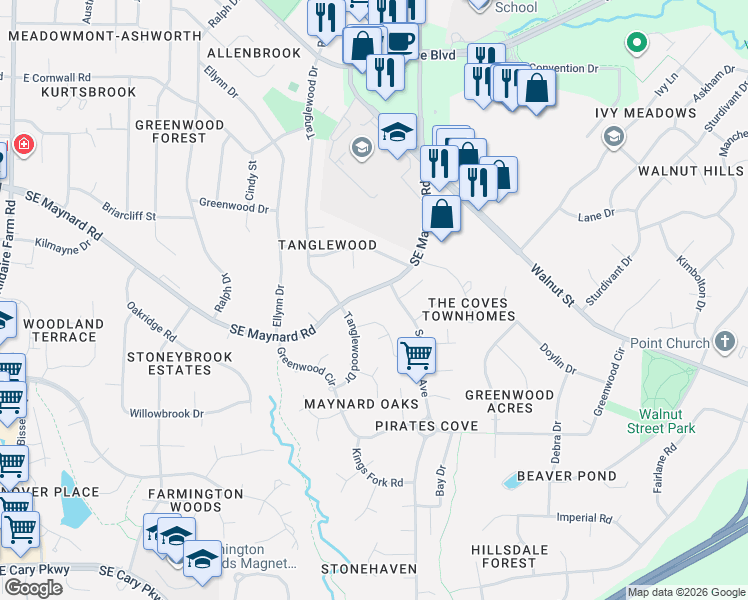 map of restaurants, bars, coffee shops, grocery stores, and more near 608 Southeast Maynard Road in Cary