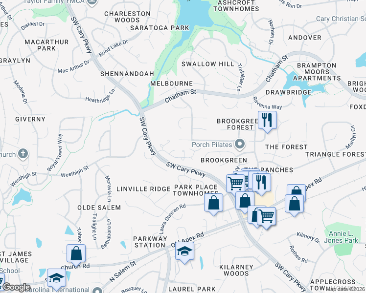 map of restaurants, bars, coffee shops, grocery stores, and more near 301 Sarabande Drive in Cary