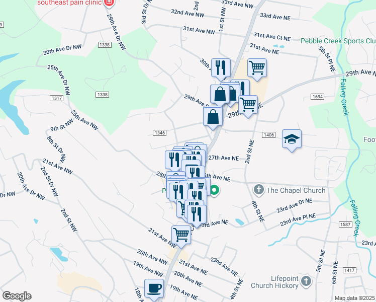 map of restaurants, bars, coffee shops, grocery stores, and more near 2705 North Center Street in Hickory