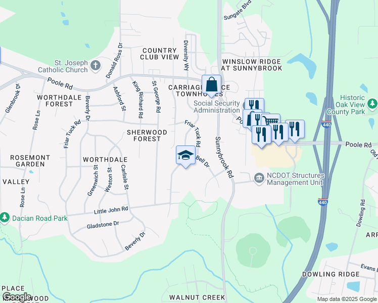 map of restaurants, bars, coffee shops, grocery stores, and more near 728 Cooper Road in Raleigh