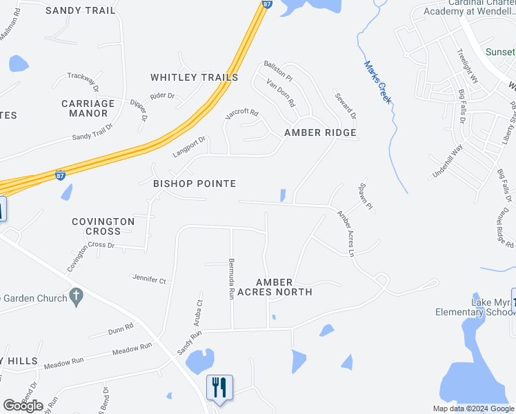 map of restaurants, bars, coffee shops, grocery stores, and more near 1012 Amber Acres Lane in Knightdale