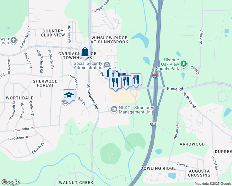 map of restaurants, bars, coffee shops, grocery stores, and more near 3416 Poole Road in Raleigh