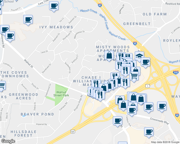map of restaurants, bars, coffee shops, grocery stores, and more near 1113 Nottingham Circle in Cary