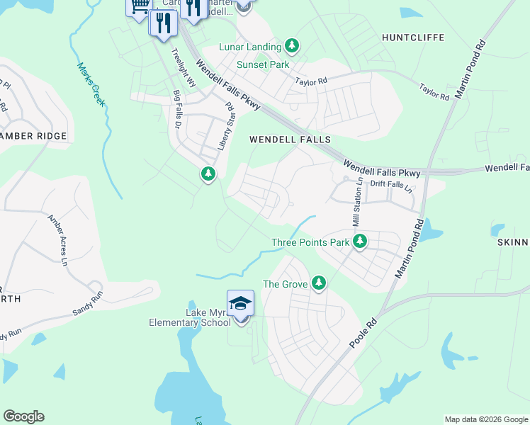 map of restaurants, bars, coffee shops, grocery stores, and more near 1905 Cedar Dam Lane in Wendell