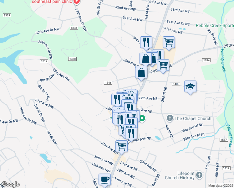 map of restaurants, bars, coffee shops, grocery stores, and more near 2705 North Center Street in Hickory