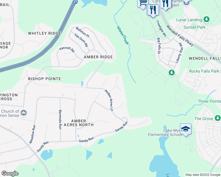 map of restaurants, bars, coffee shops, grocery stores, and more near 5709 Hatch Street in Knightdale