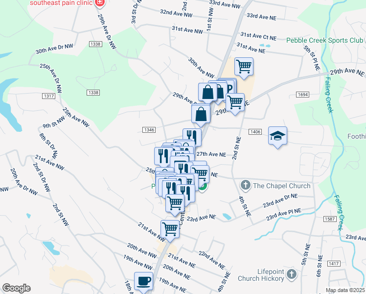 map of restaurants, bars, coffee shops, grocery stores, and more near 8 North Center Street in Hickory