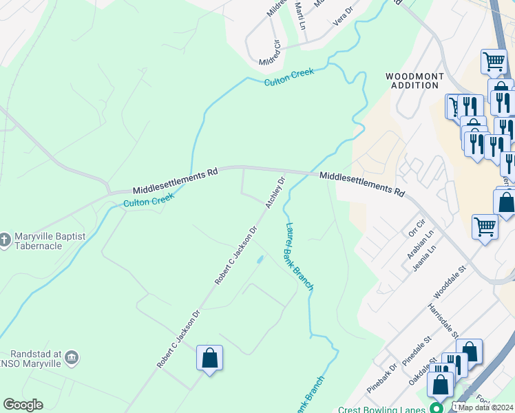 map of restaurants, bars, coffee shops, grocery stores, and more near 107 Stone Tree Drive in Maryville