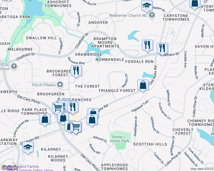map of restaurants, bars, coffee shops, grocery stores, and more near 205 Marilyn Circle in Cary