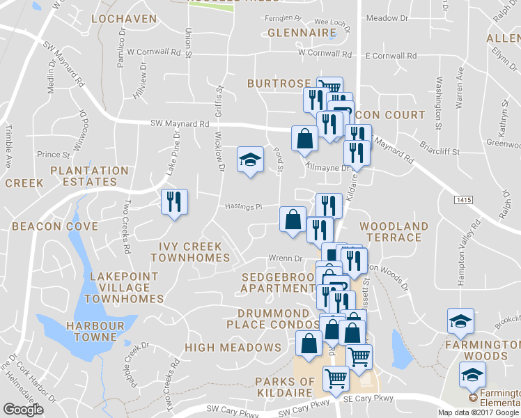 map of restaurants, bars, coffee shops, grocery stores, and more near 305 Hastings Place in Cary