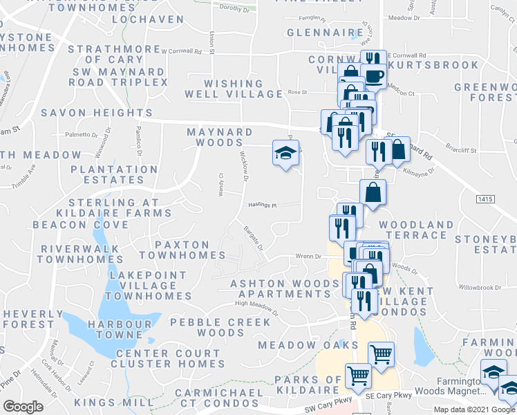 map of restaurants, bars, coffee shops, grocery stores, and more near 313 Hastings Place in Cary