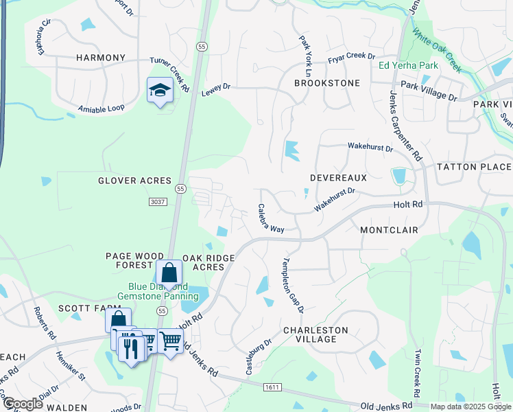 map of restaurants, bars, coffee shops, grocery stores, and more near 209 Calebra Way in Cary