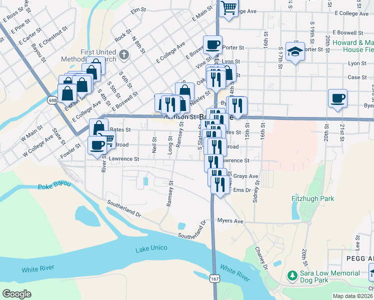 map of restaurants, bars, coffee shops, grocery stores, and more near 838 South Broad in Batesville