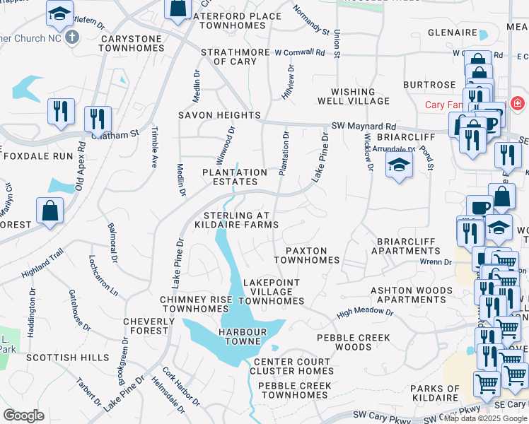 map of restaurants, bars, coffee shops, grocery stores, and more near 108 Ellsworth Place in Cary