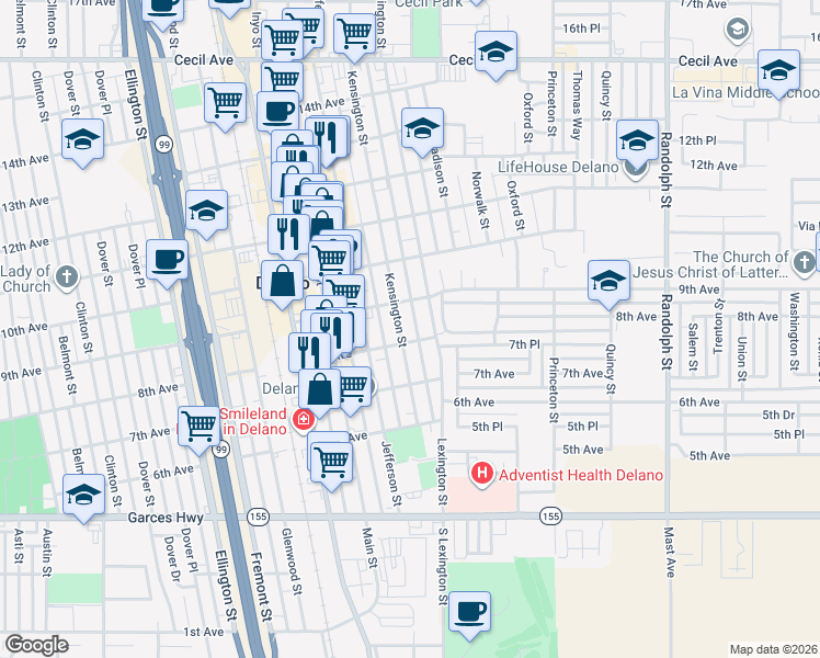 map of restaurants, bars, coffee shops, grocery stores, and more near 814 Kensington Street in Delano