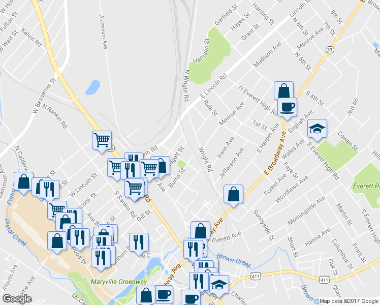 map of restaurants, bars, coffee shops, grocery stores, and more near 261 Burns St in Alcoa