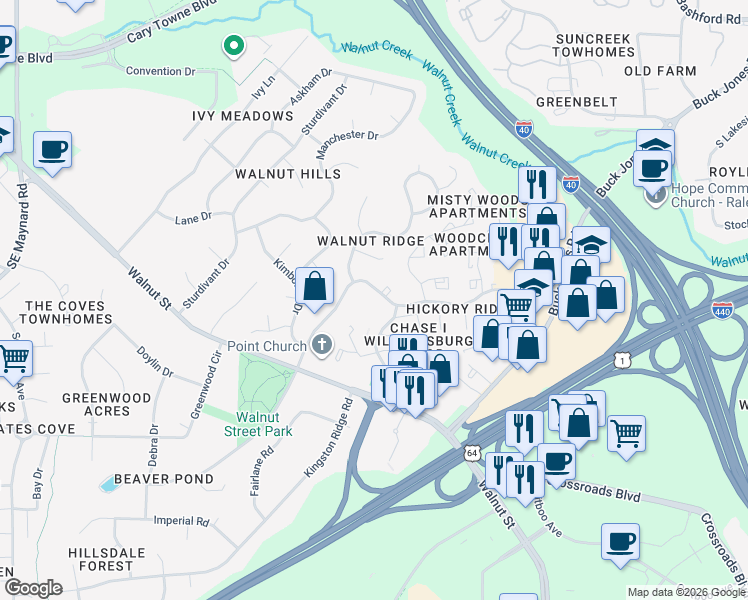 map of restaurants, bars, coffee shops, grocery stores, and more near 1111 Nottingham Circle in Cary