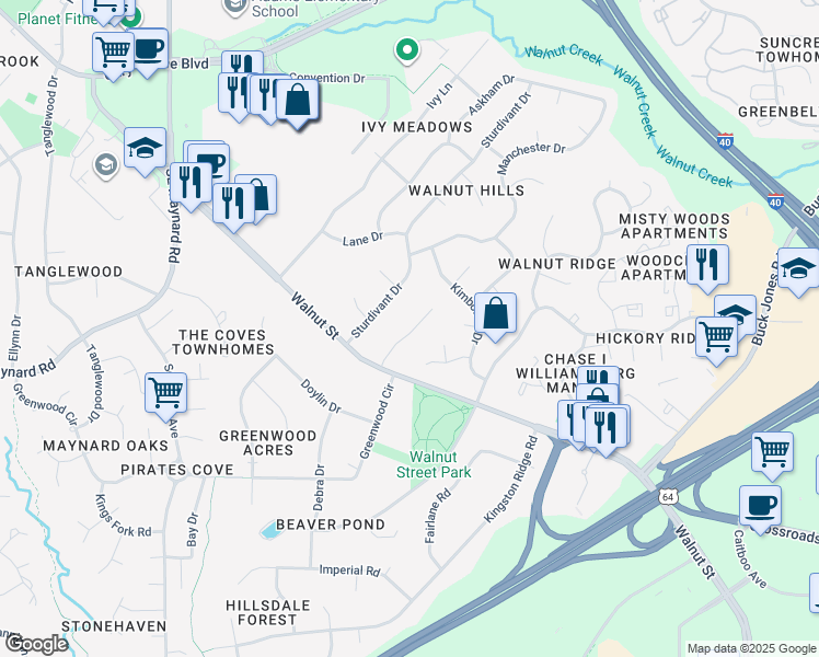 map of restaurants, bars, coffee shops, grocery stores, and more near 148 Glenpark Place in Cary