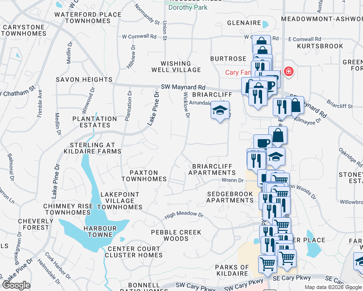 map of restaurants, bars, coffee shops, grocery stores, and more near 1302 Wicklow Drive in Cary