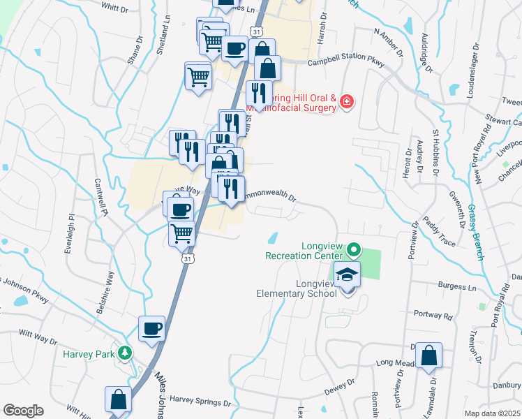map of restaurants, bars, coffee shops, grocery stores, and more near 101 Padstone Pvt Lane in Spring Hill