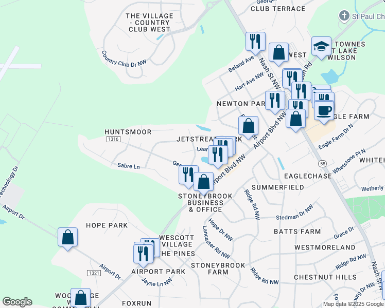 map of restaurants, bars, coffee shops, grocery stores, and more near 3801 Lear Court Northwest in Wilson