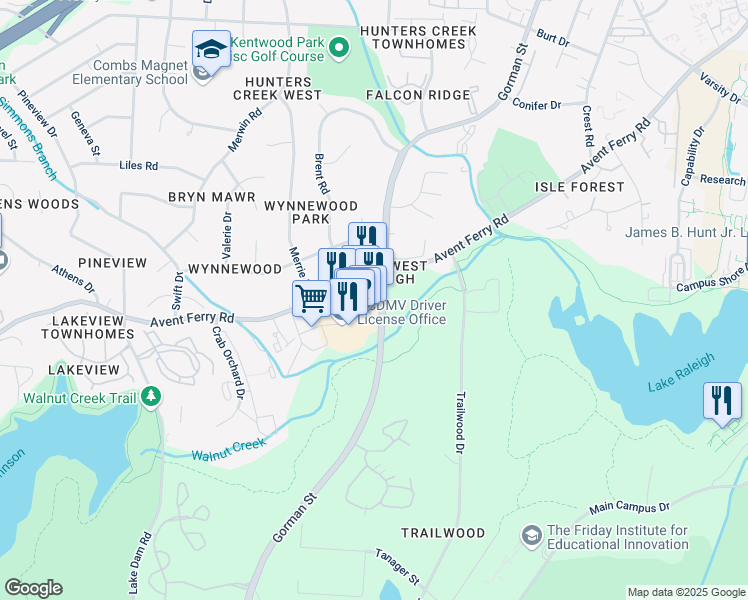 map of restaurants, bars, coffee shops, grocery stores, and more near 2304 Gorman Street in Raleigh
