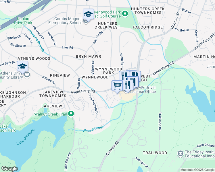 map of restaurants, bars, coffee shops, grocery stores, and more near 3418 Avent Ferry Road in Raleigh