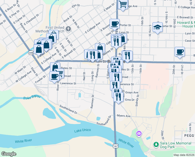 map of restaurants, bars, coffee shops, grocery stores, and more near 838 South Broad in Batesville