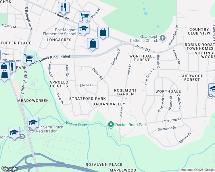 map of restaurants, bars, coffee shops, grocery stores, and more near 465 Dacian Road in Raleigh