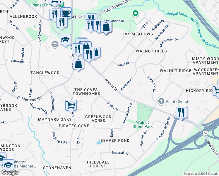 map of restaurants, bars, coffee shops, grocery stores, and more near 1220 Walnut Street in Cary